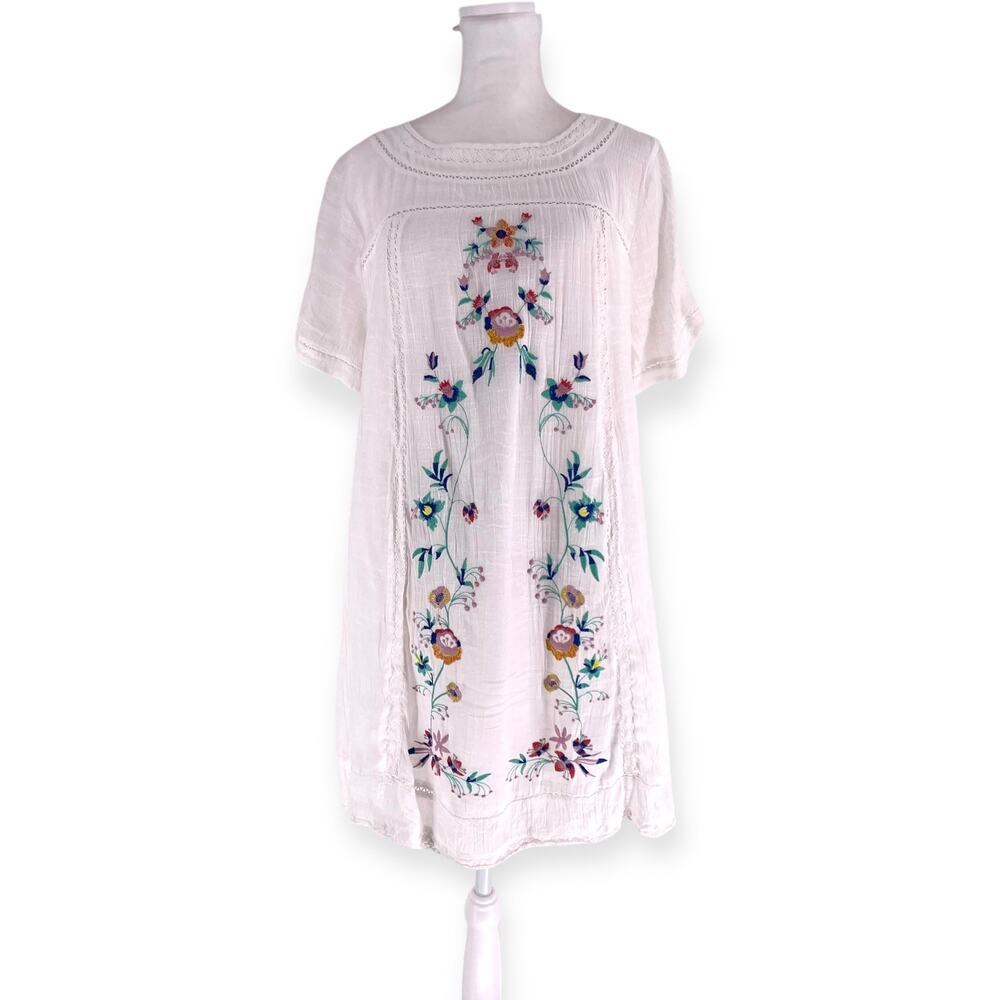 Umgee Gauzy Summer White Cotton Embroidered Floral Tunic Mini Beach Dress L